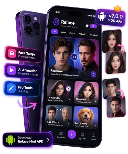 Download v7.0.0 for Android Reface MOD APK Android app mockup with face swap, AI animation, and Pro editing features.